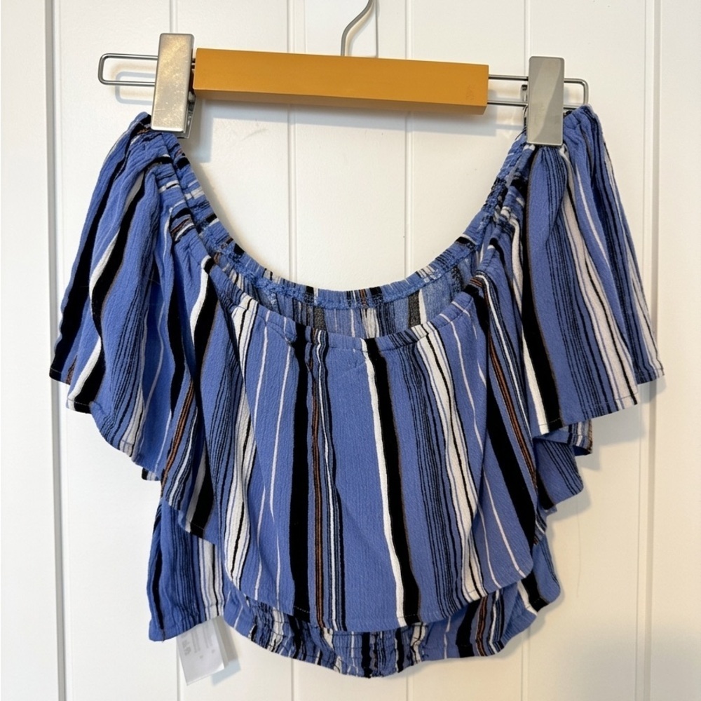Band of Gypsies Blue Striped Off-Shoulder Crop Top - Size Small